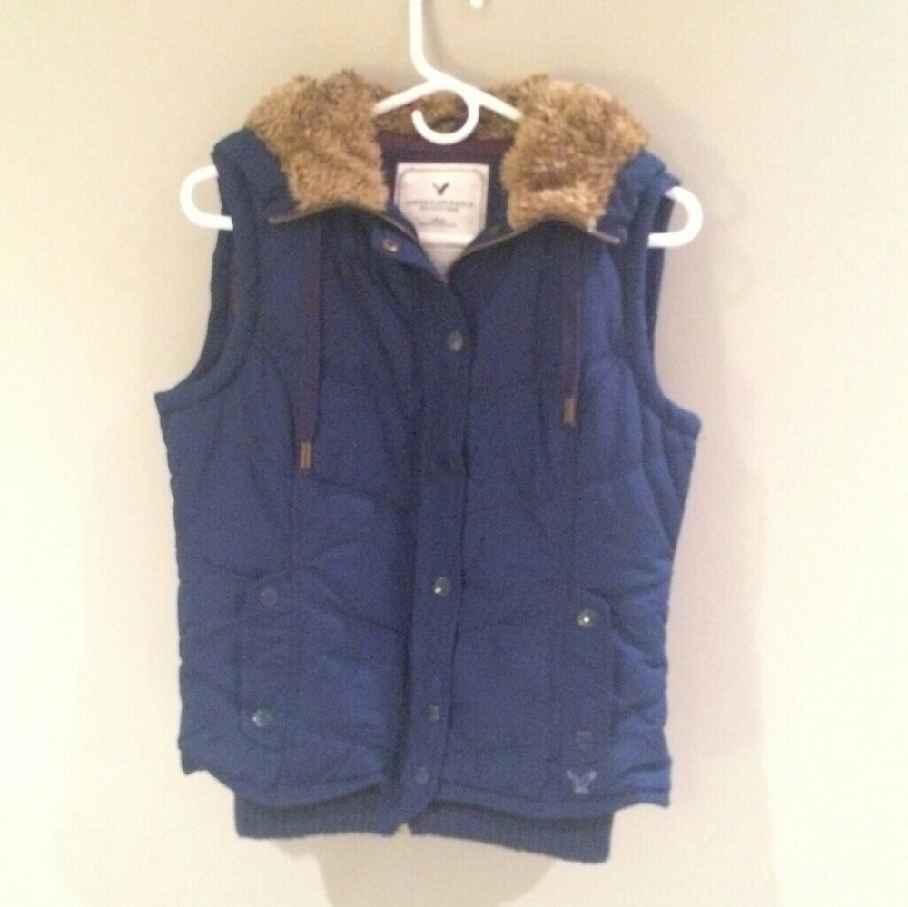 American Eagle Blue Hooded Furry Vest M